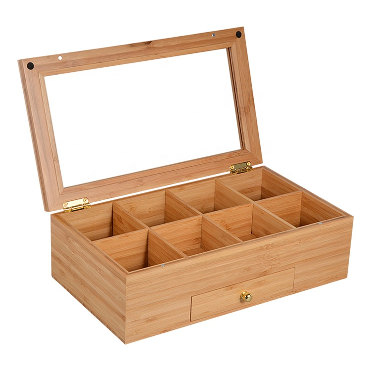 Custom Size High End 8 Compartment Wooden Tea Box with Glass Window