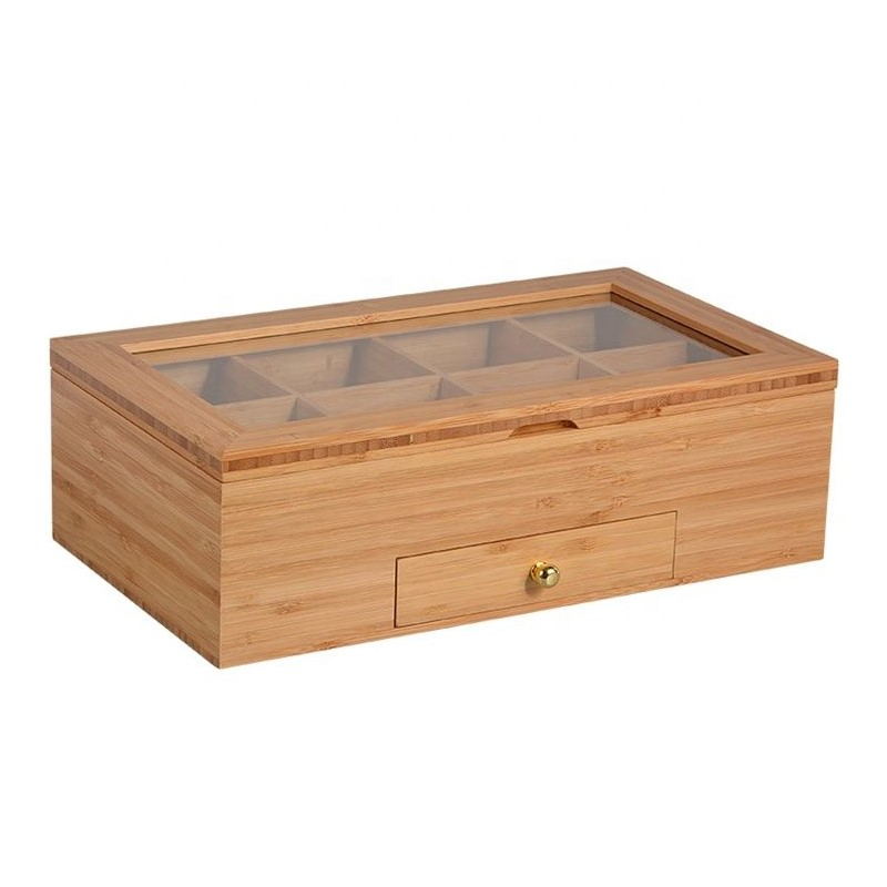 Custom Size High End 8 Compartment Wooden Tea Box with Glass Window