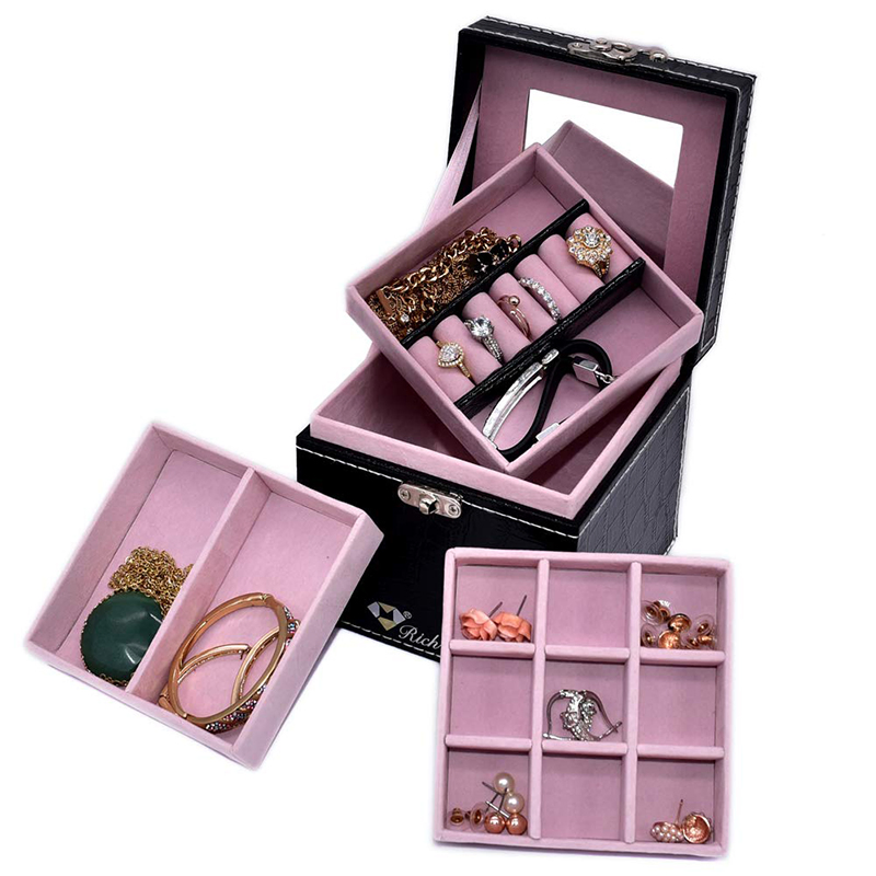 Elegant Black Leather Jewelry Organizer Box for Rings, Earrings, and Necklaces