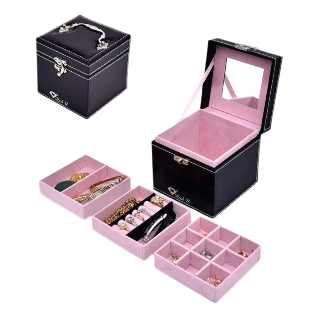 Elegant Black Leather Jewelry Organizer Box for Rings, Earrings, and Necklaces