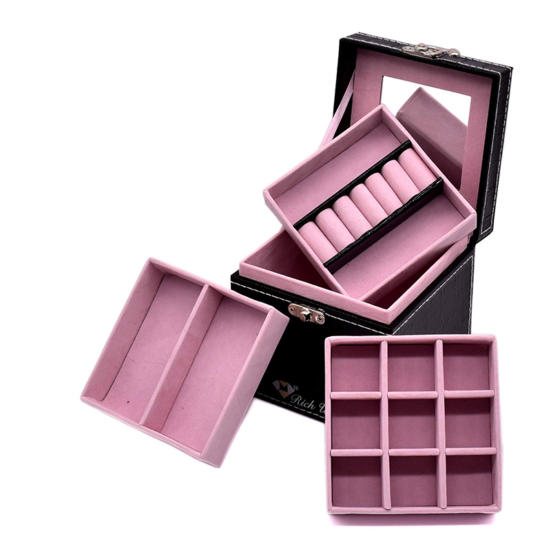 Elegant Black Leather Jewelry Organizer Box for Rings, Earrings, and Necklaces