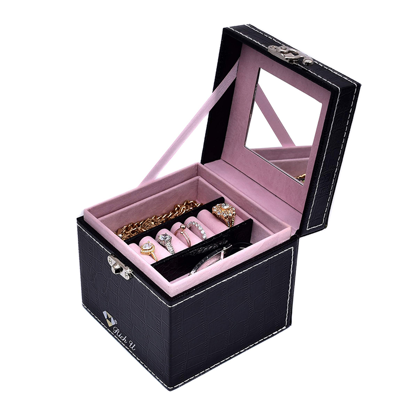 Elegant Black Leather Jewelry Organizer Box for Rings, Earrings, and Necklaces