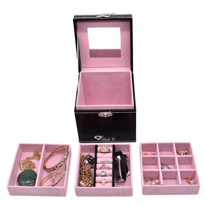 Elegant Black Leather Jewelry Organizer Box for Rings, Earrings, and Necklaces