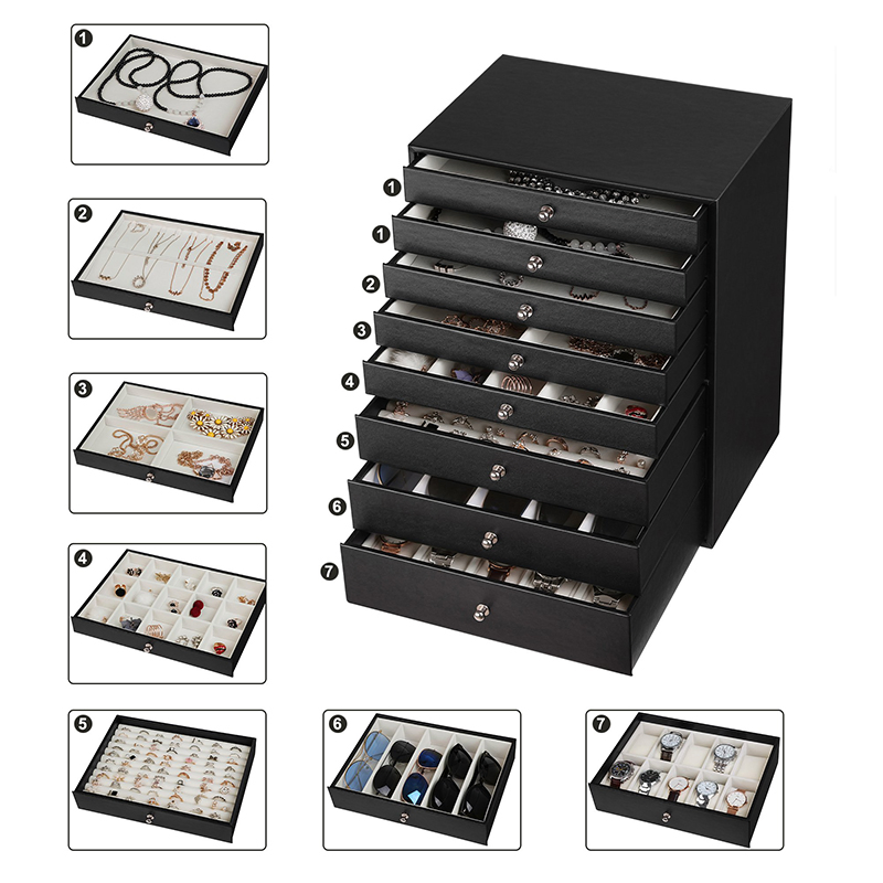 Fashion Black Eight-Layer Large Jewelry Box for Necklaces / Earrings / Sunglasses / Bracelet / Watch