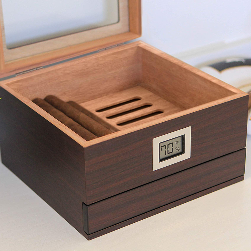 Glass Top Handcrafted Cedar Humidor Cigar Box with Front Digital Hygrometer, Humidifier Gel, and Accessory Drawer – Holds (25-50 Cigars)