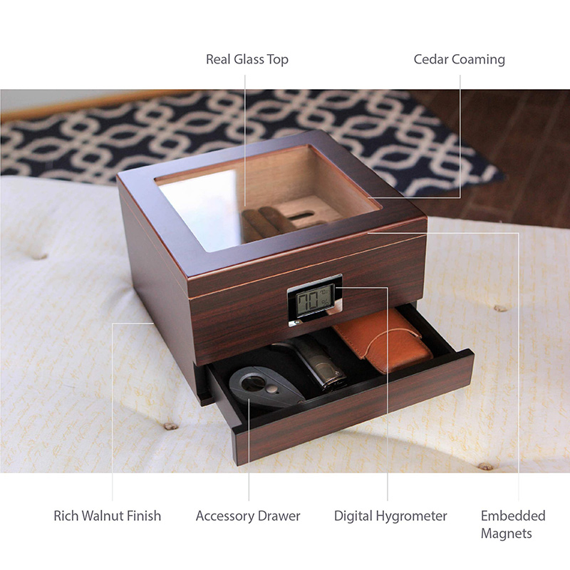 Glass Top Handcrafted Cedar Humidor Cigar Box with Front Digital Hygrometer, Humidifier Gel, and Accessory Drawer – Holds (25-50 Cigars)