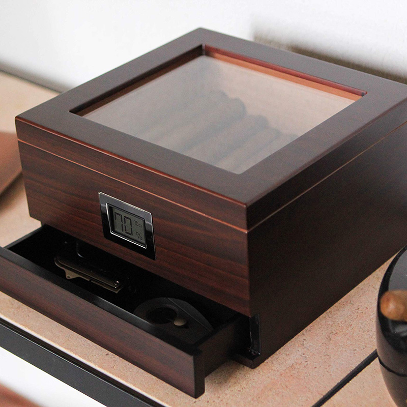 Glass Top Handcrafted Cedar Humidor Cigar Box with Front Digital Hygrometer, Humidifier Gel, and Accessory Drawer – Holds (25-50 Cigars)