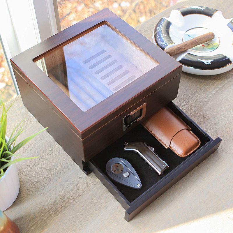 Glass Top Handcrafted Cedar Humidor Cigar Box with Front Digital Hygrometer, Humidifier Gel, and Accessory Drawer – Holds (25-50 Cigars)