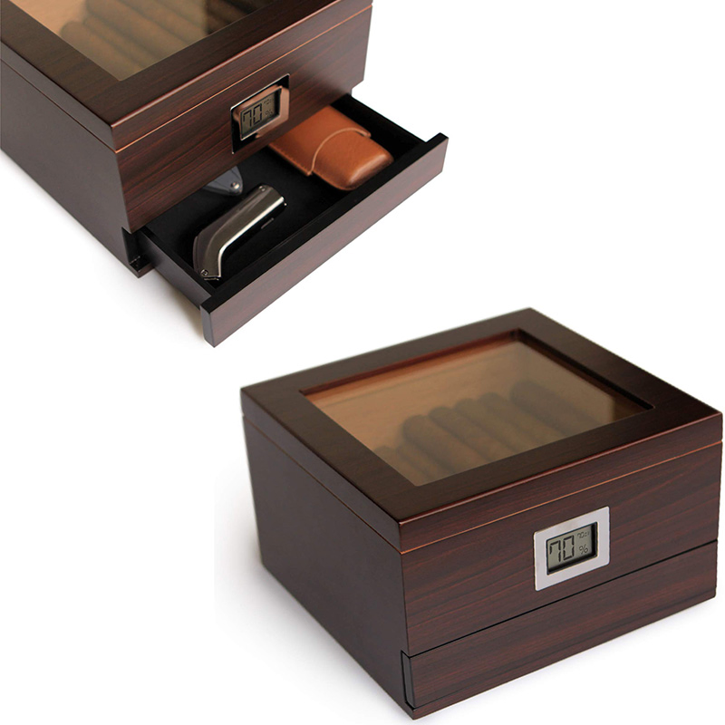 Glass Top Handcrafted Cedar Humidor Cigar Box with Front Digital Hygrometer, Humidifier Gel, and Accessory Drawer – Holds (25-50 Cigars)