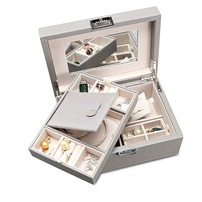 Grey Synthetic Leather Japanese Word Lock Rectangular Jewelry Storage Box