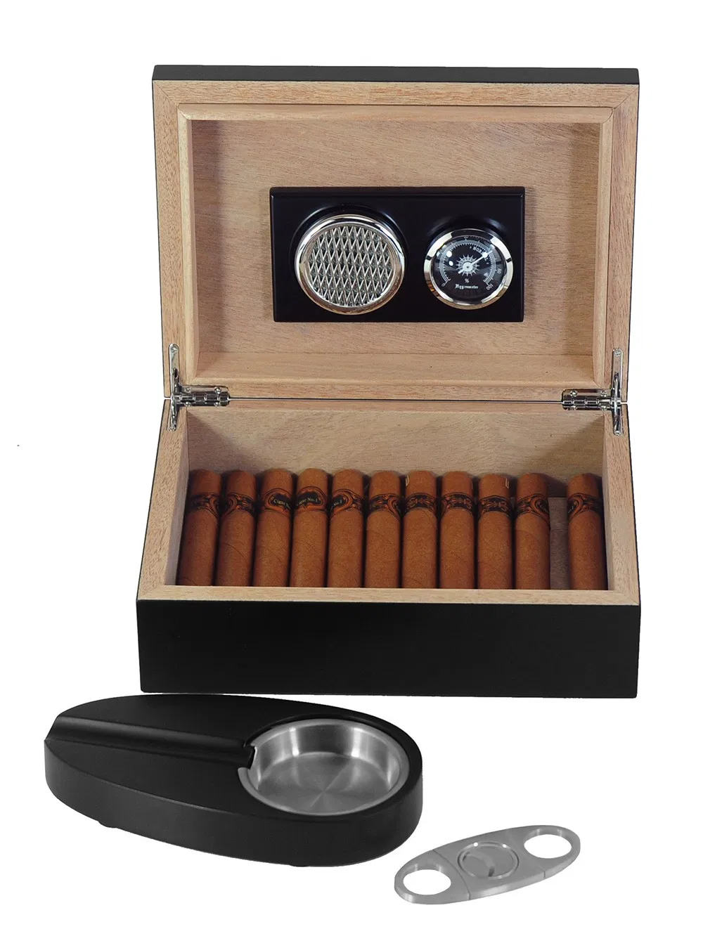 Hot Black Wooden Cigar Humidor with Cigar Accessories Box