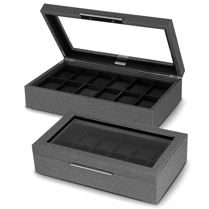 Men 12-Slot PU Leather Watch Gift Box with Glass Window Design