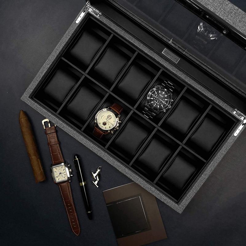 Men 12-Slot PU Leather Watch Gift Box with Glass Window Design