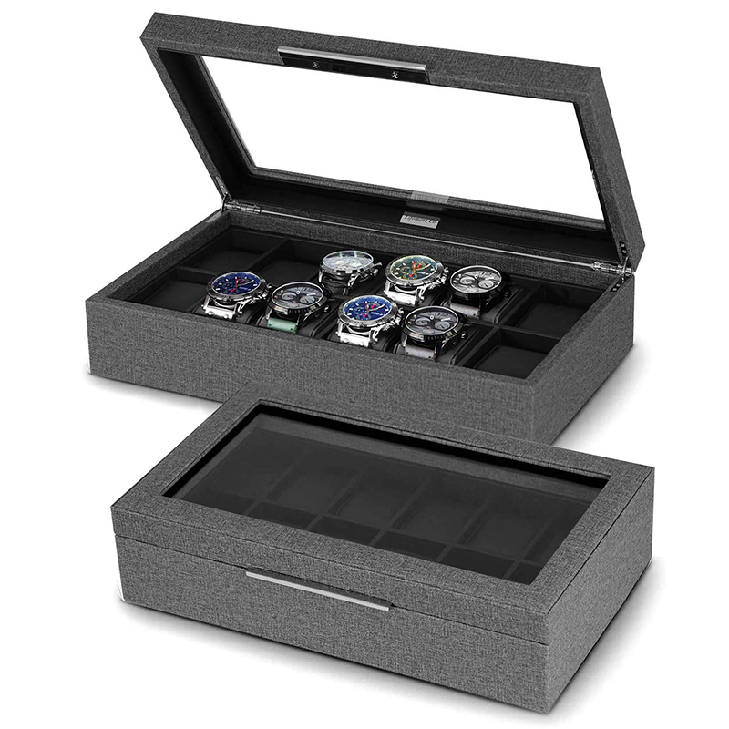 Men 12-Slot PU Leather Watch Gift Box with Glass Window Design