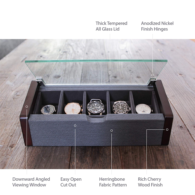 OEM Modern Herringbone 5 Slots Watch Gift Box with Glass Cover