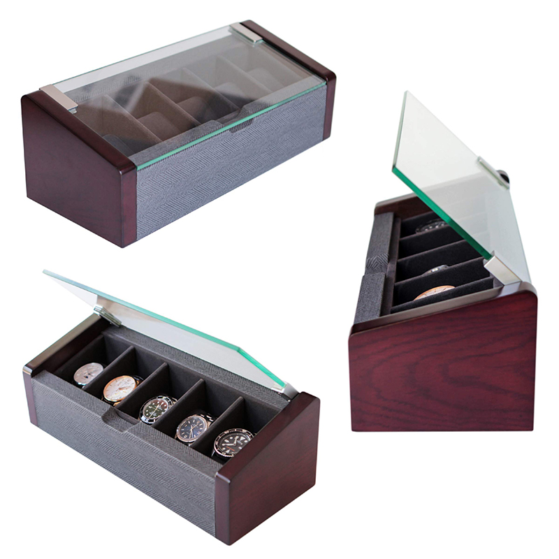 OEM Modern Herringbone 5 Slots Watch Gift Box with Glass Cover