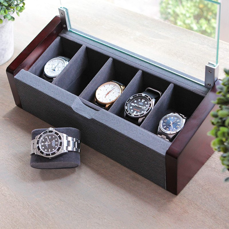 OEM Modern Herringbone 5 Slots Watch Gift Box with Glass Cover