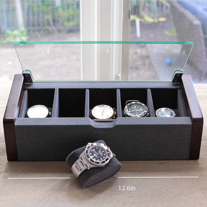 OEM Modern Herringbone 5 Slots Watch Gift Box with Glass Cover
