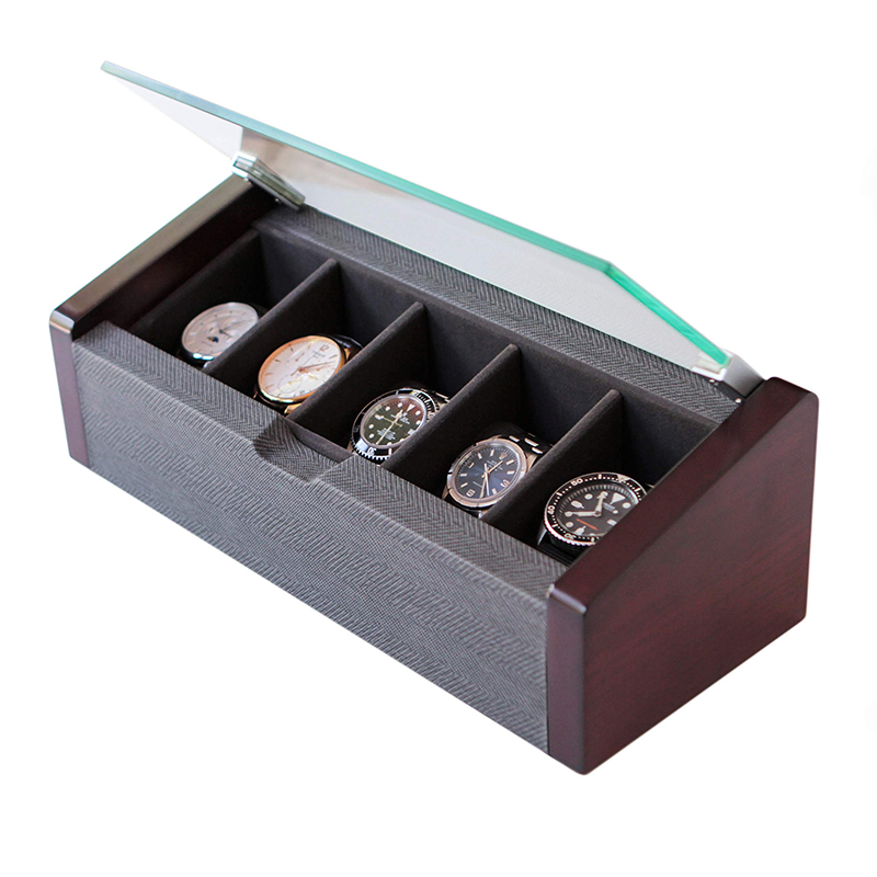 OEM Modern Herringbone 5 Slots Watch Gift Box with Glass Cover
