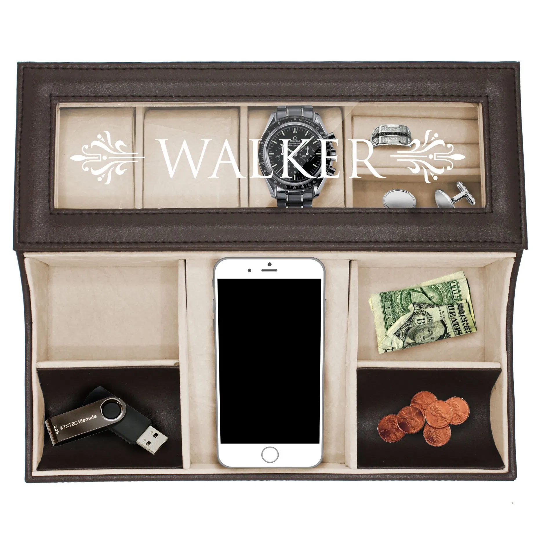 Personalized Men Leather Storage Tray for Storing Mobile Phones / Watches / Car Keys