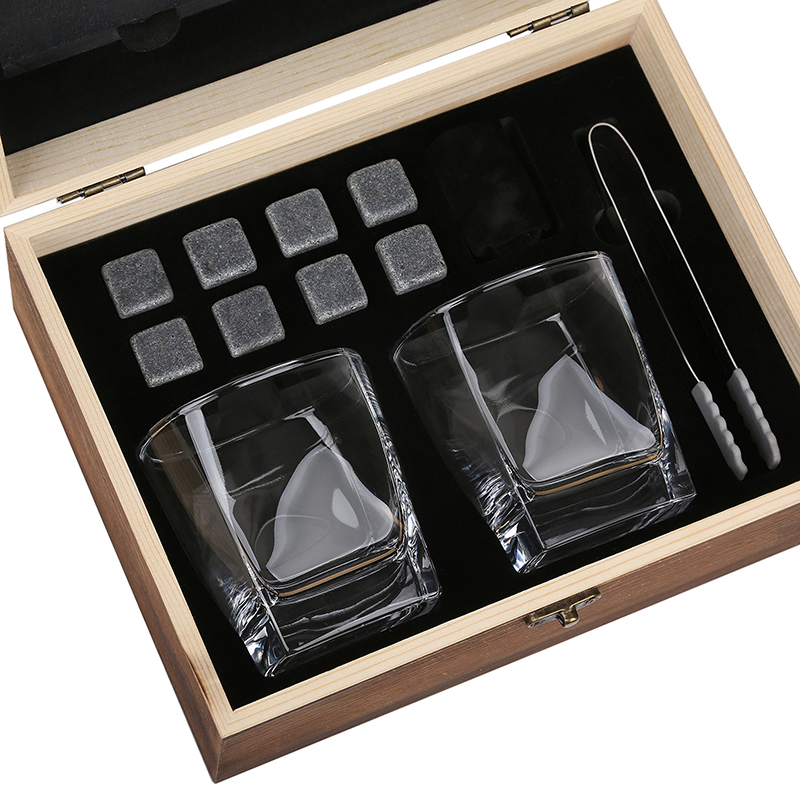 Premium Whisky Gift Set Wine Box with 2 Large Whiskey Cups / 8 Whiskey Stones / Pliers / Velvet