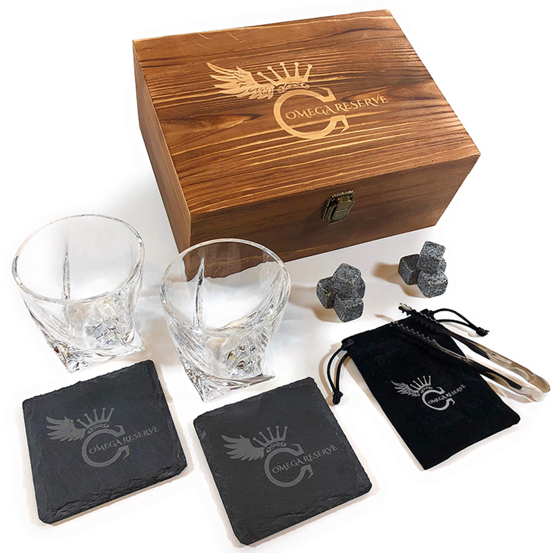 Premium Whisky Gift Set Wine Box with 2 Large Whiskey Cups / 8 Whiskey Stones / Pliers / Velvet