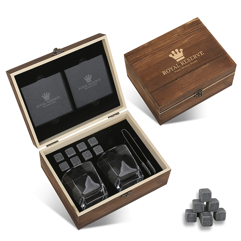 Premium Whisky Gift Set Wine Box with 2 Large Whiskey Cups / 8 Whiskey Stones / Pliers / Velvet