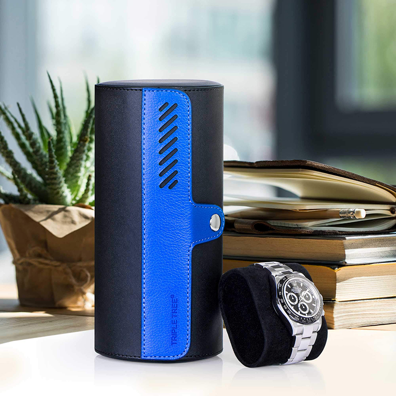 Stylish Cylindrical 3 Slot Leather Packaging Gift Watch Storage Box
