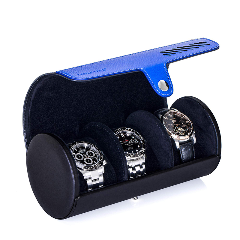 Stylish Cylindrical 3 Slot Leather Packaging Gift Watch Storage Box