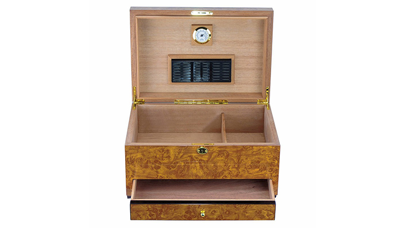 Cedar cigar box with wooden interior, compartments, hygrometer, and humidifier