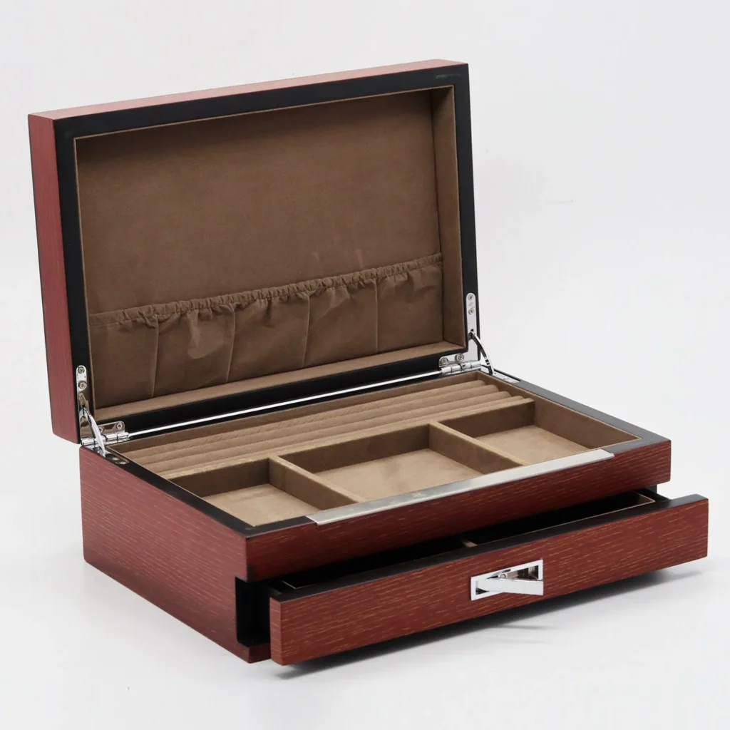 OEM Design Wooden Jewelry Gift Box with MDF / Silver Hardware / Drawer / Brown Flannel