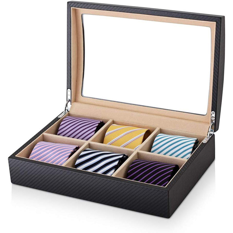 6 Tie Storage Box with Lid for Men Neckties with Faux Leather Finish