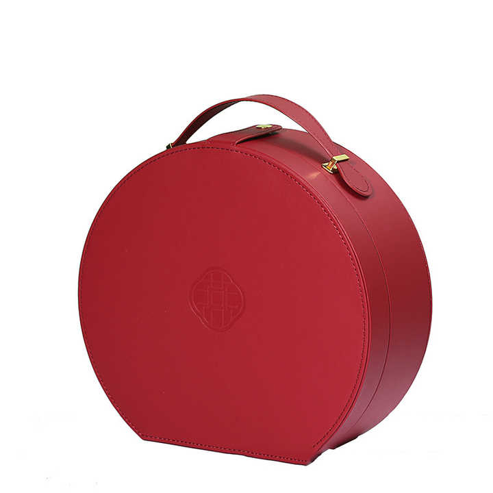 Red Wholesale High-End Luxury Round PU Leather Box with Handle Packaging Gift Perfume Box
