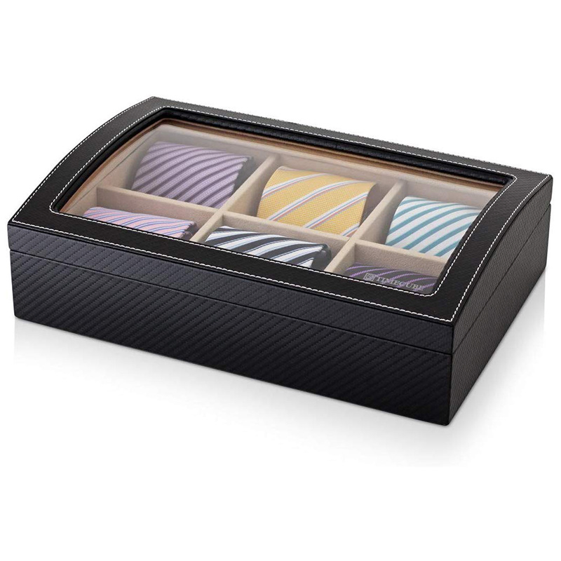 6 Tie Storage Box with Lid for Men Neckties with Faux Leather Finish
