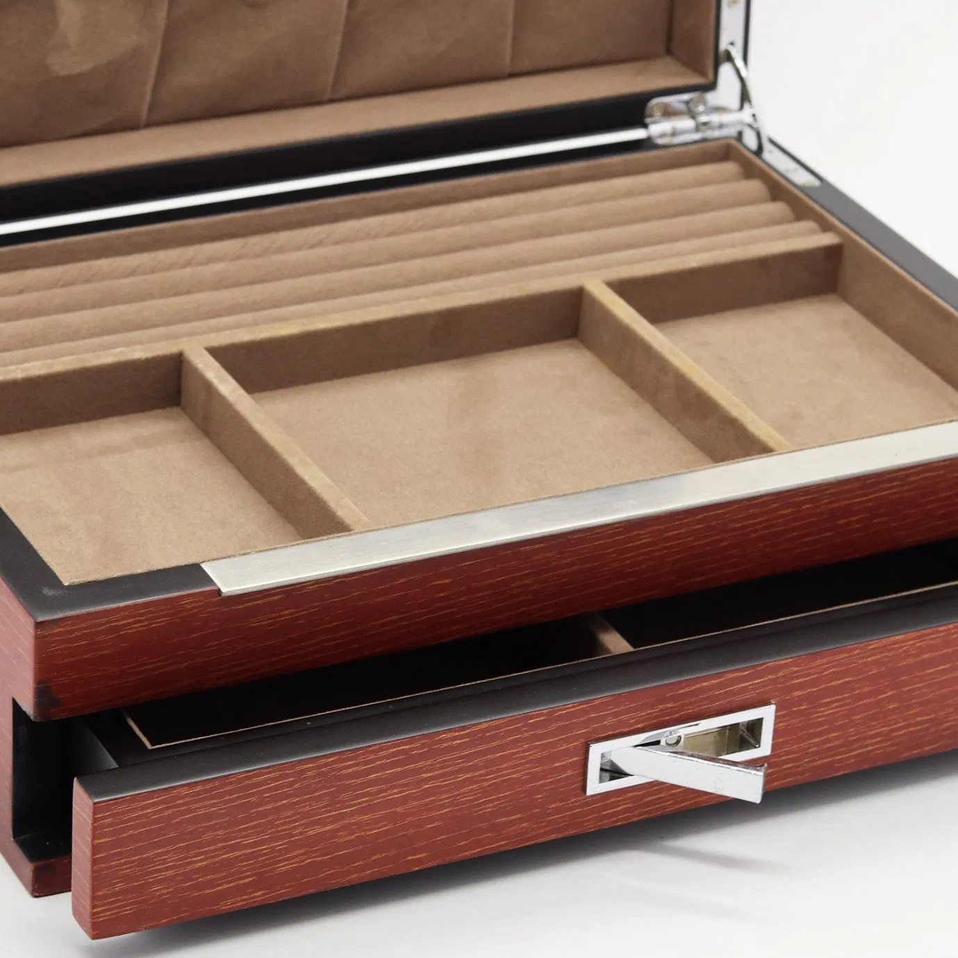 OEM Design Wooden Jewelry Gift Box with MDF / Silver Hardware / Drawer / Brown Flannel