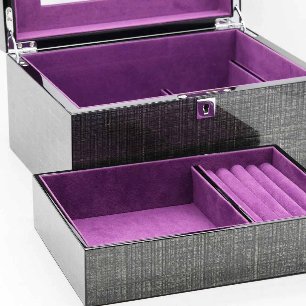 Wooden Jewelry Gift Box with MDF/Glossy Paint/Silver Hardware/Silver Lock Mirror/Purple Flannel