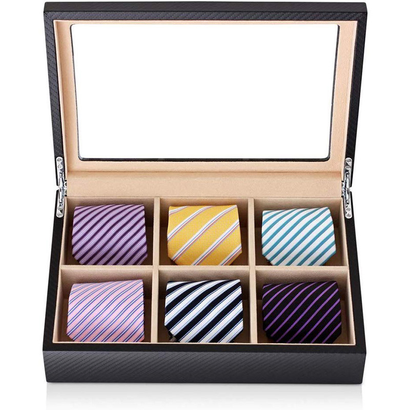 6 Tie Storage Box with Lid for Men Neckties with Faux Leather Finish