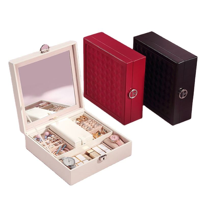 Simple Flip-Top Lipstick Luxury PU Leather Watch Jewelry Packaging Box with Large Mirror