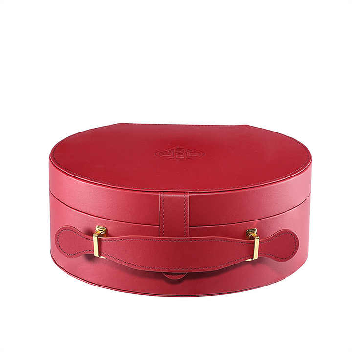 Red Wholesale High-End Luxury Round PU Leather Box with Handle Packaging Gift Perfume Box