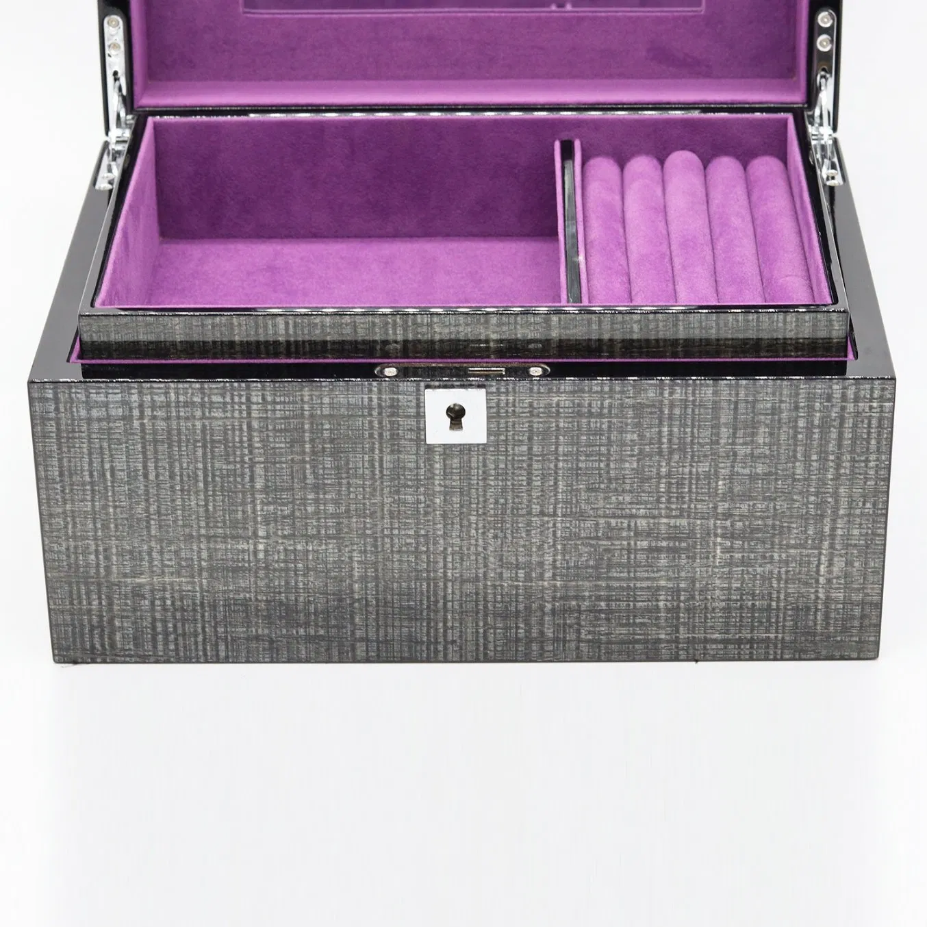 Wooden Jewelry Gift Box with MDF/Glossy Paint/Silver Hardware/Silver Lock Mirror/Purple Flannel