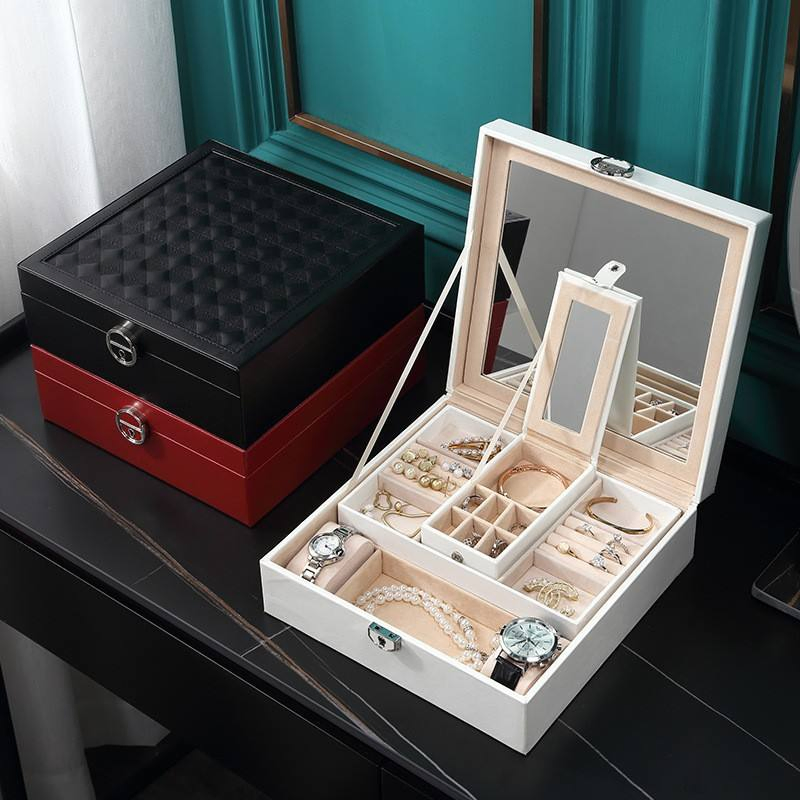 Simple Flip-Top Lipstick Luxury PU Leather Watch Jewelry Packaging Box with Large Mirror