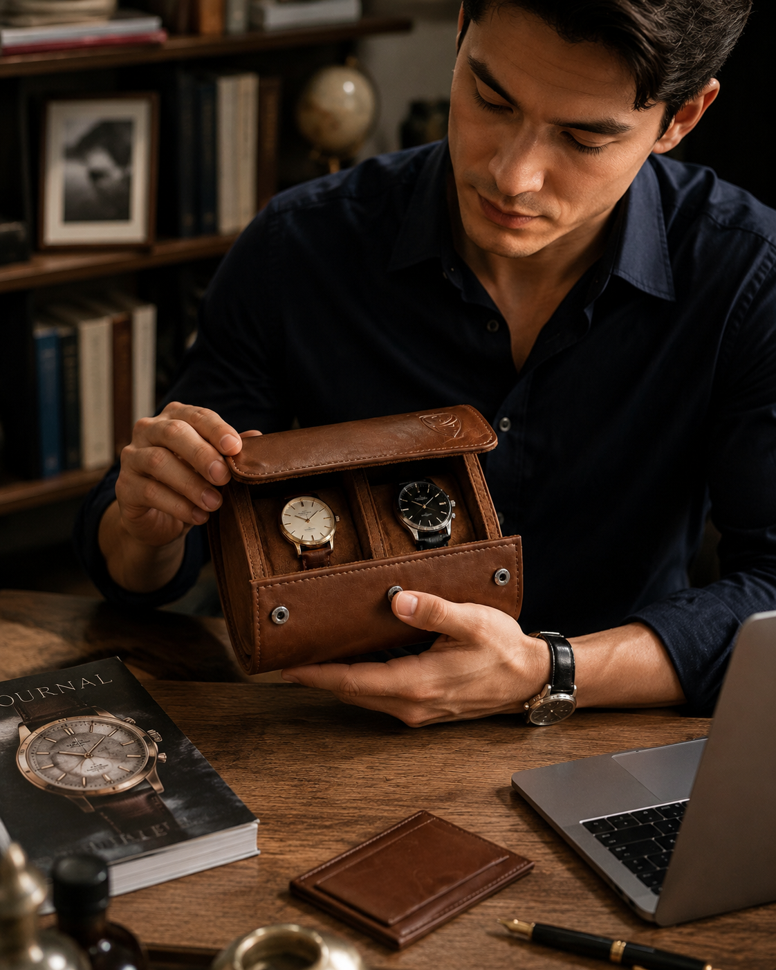 Elegant man carrying leather watch case