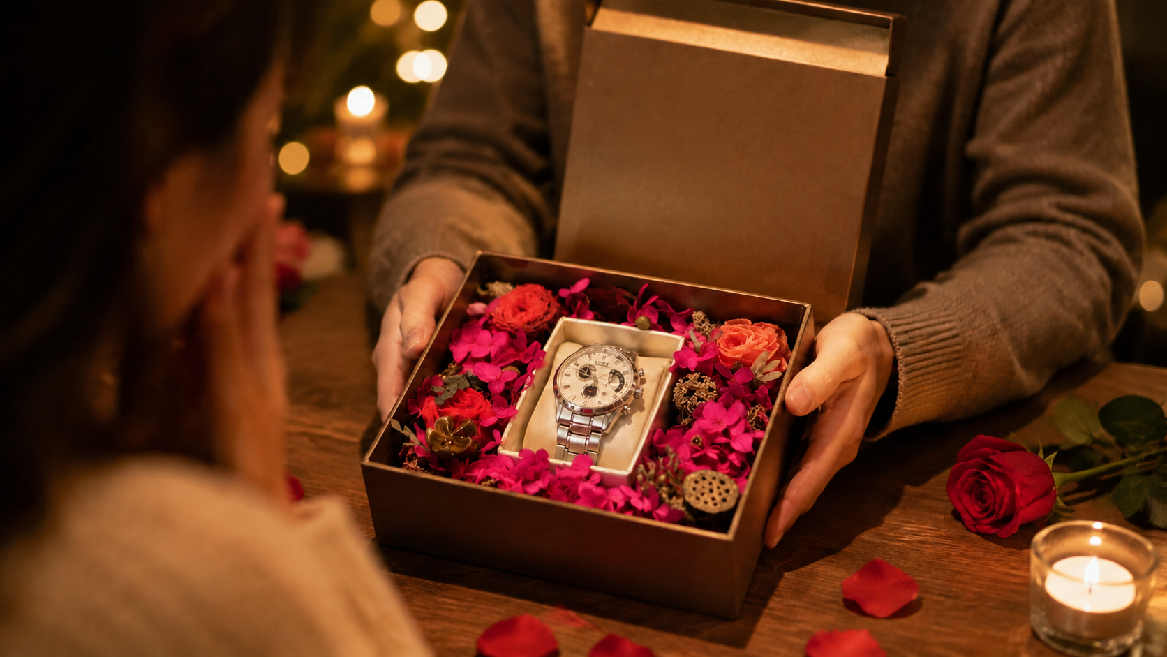 Young couple exchanging a romantic watch gift
