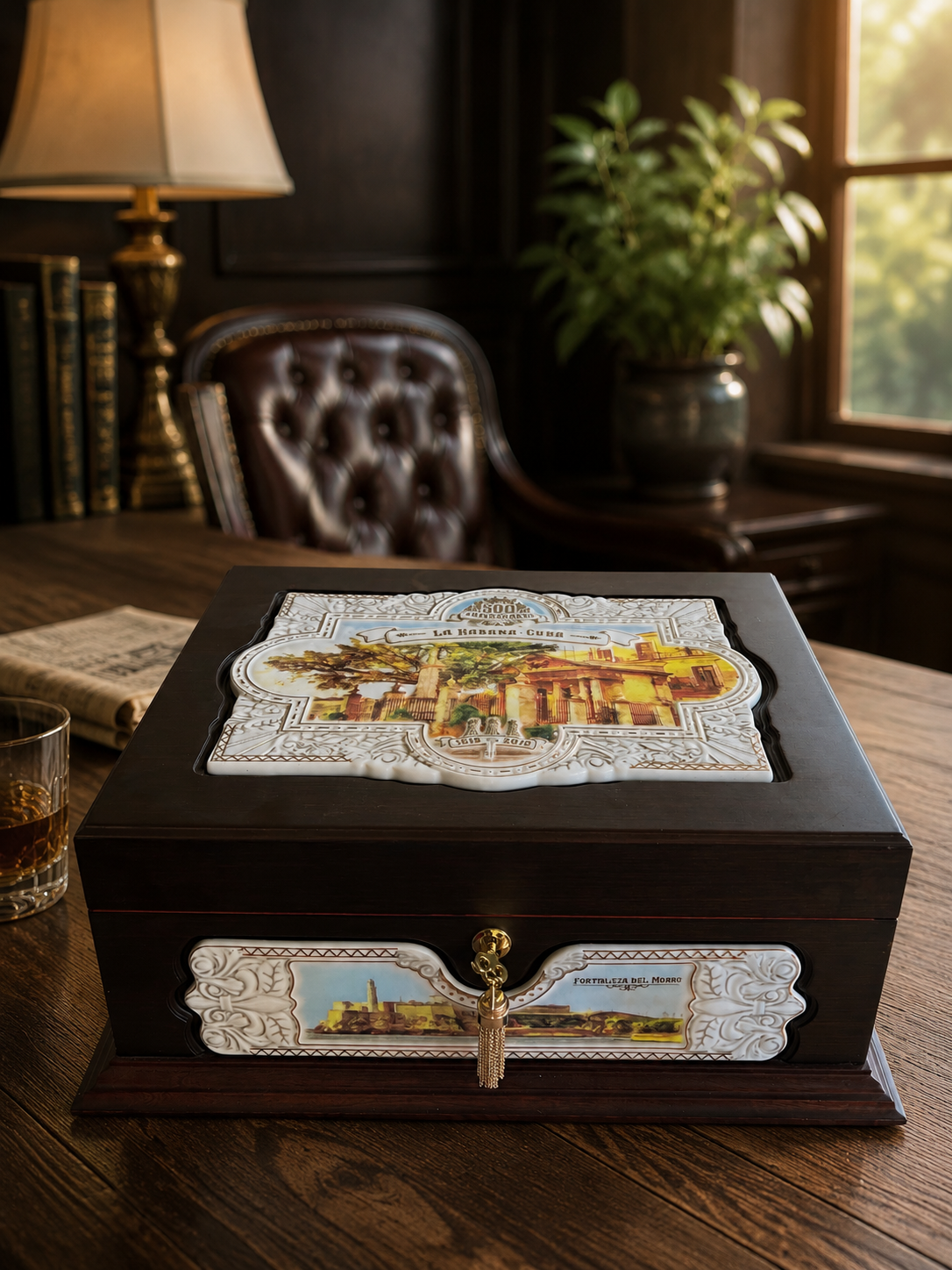 Custom luxury cigar box with ceramic inlay