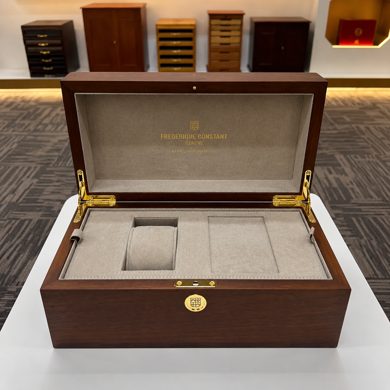 Open luxury wooden watch box display