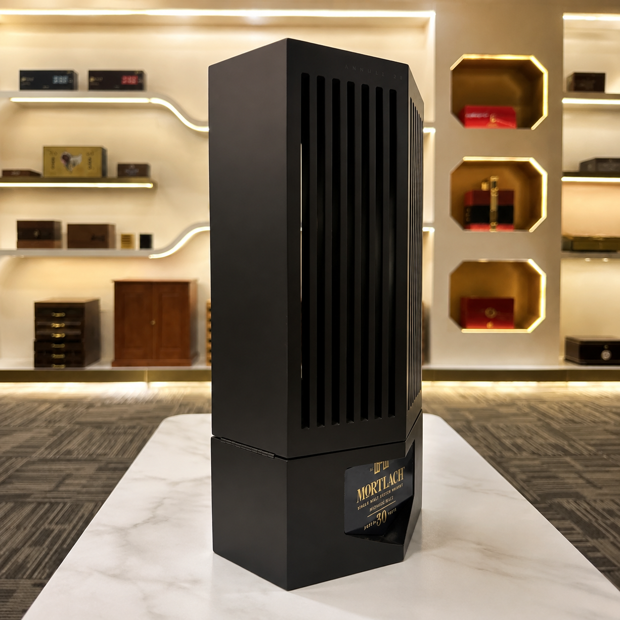 Side detail of luxury wooden whisky gift box