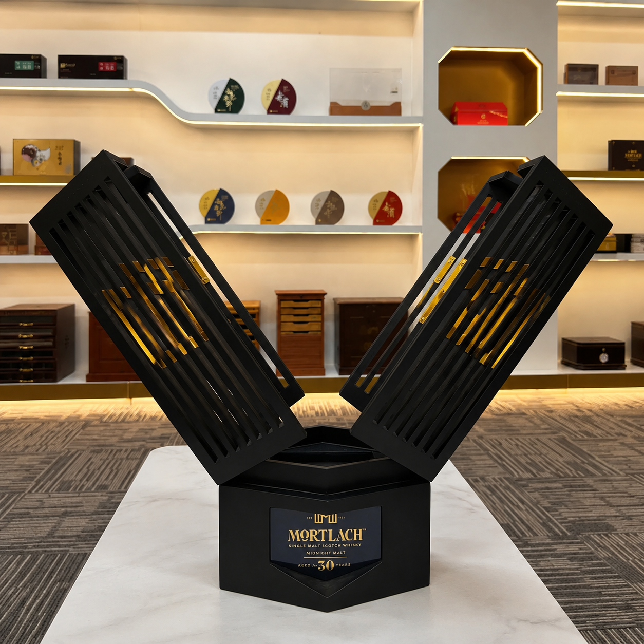 Open luxury whisky gift box without bottle