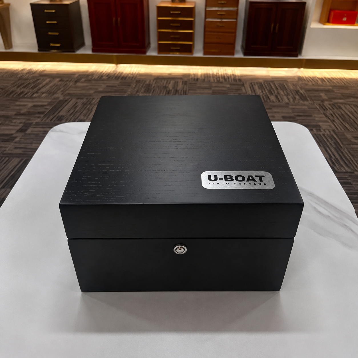 Luxury wooden watch box closed front view