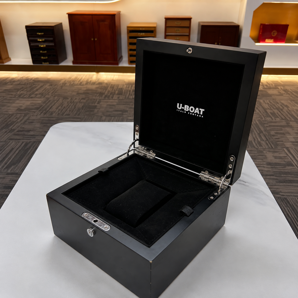 Luxury watch box open side view detail