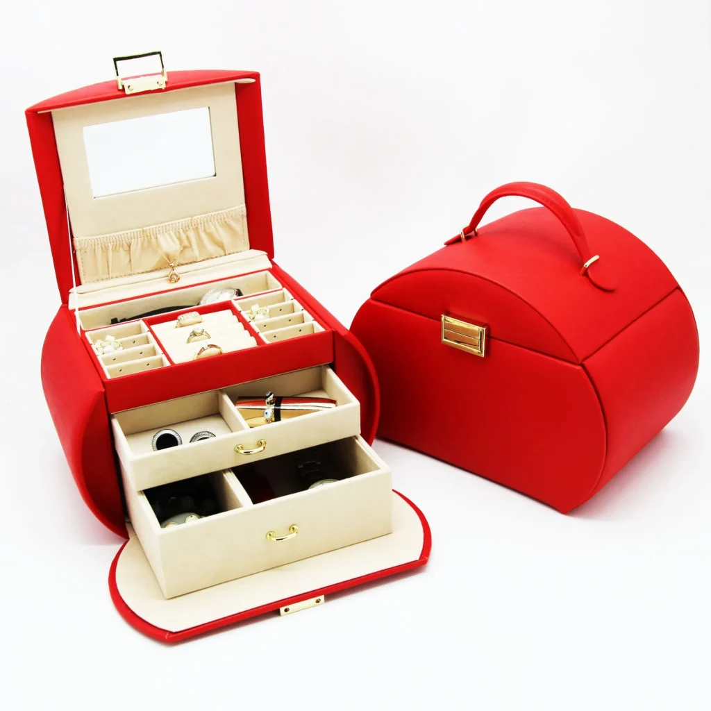 Fashion Red PU Leather Handle Gold Lock Lock Jewelry Box for Gift
